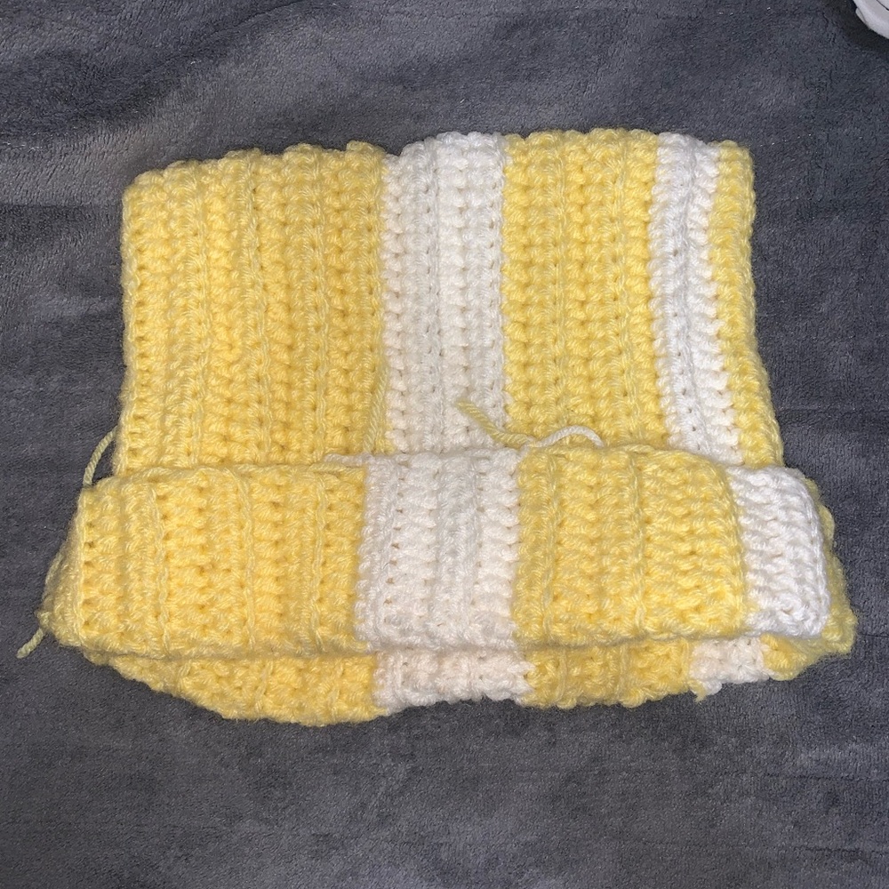 Yellow and White Crocheted Cat Beanie